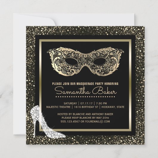仮面舞踏会のハイヒールの黒い金ゴールドの菓子16 招待状 (正面)