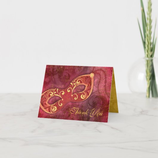 仮面舞踏会のマスクのバーガンディの結婚式は感謝していしています サンキューカード (正面)
