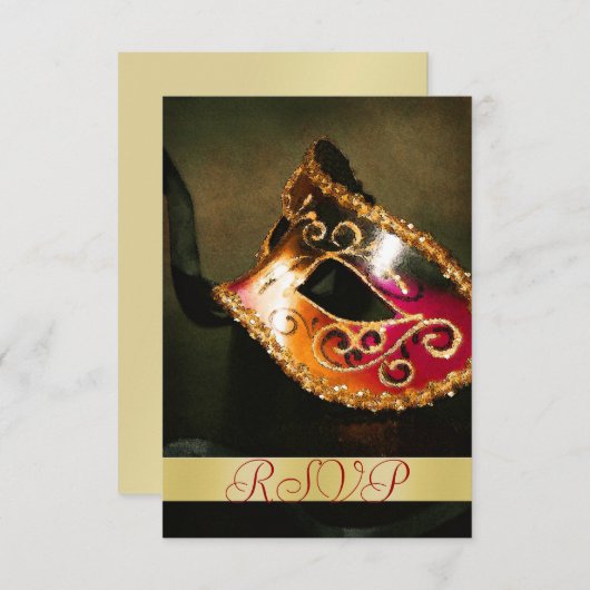 仮面舞踏会のマスクの休日の金ゴールドRSVPの招待状 出欠カード (正面/裏面)
