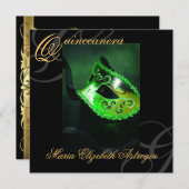 仮面舞踏会のマスクの緑のキンセアニェラのパーティの招待状 招待状 (正面/裏面)