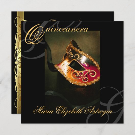 仮面舞踏会のマスクの金ゴールドのキンセアニェラのパーティの招待状 招待状 (正面/裏面)