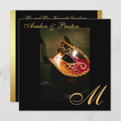 仮面舞踏会のマスクの金ゴールドのモノグラムの結婚式招待状 招待状 (正面/裏面)