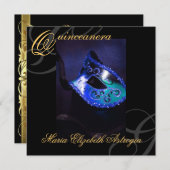 仮面舞踏会のマスクの青いキンセアニェラのパーティの招待状 招待状 (正面/裏面)