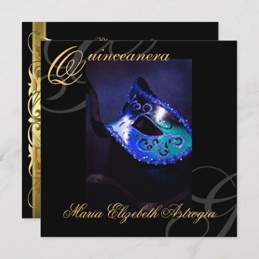 仮面舞踏会のマスクの青いキンセアニェラのパーティの招待状 招待状 (正面/裏面)