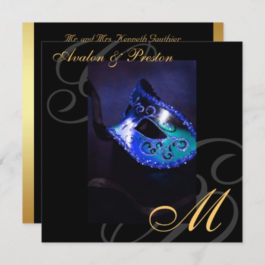 仮面舞踏会のマスクの青い渦巻の結婚式招待状 招待状 (正面/裏面)