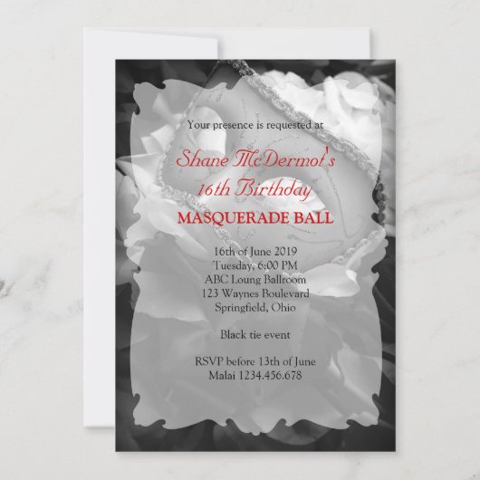 仮面舞踏会の誕生日の球の衣裳のパーティの招待状 招待状 (裏面)