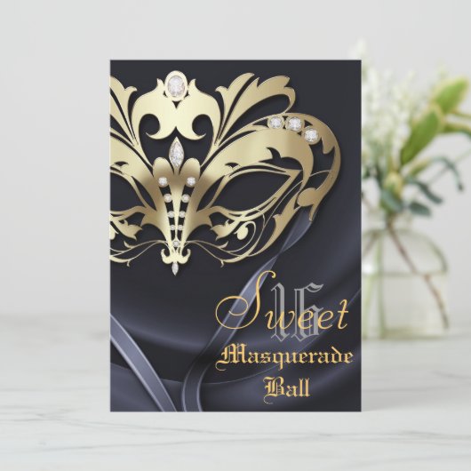 仮面舞踏会の黒によって宝石で飾られる菓子16の招待状 招待状 (スタンド正面)