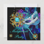 仮面舞踏会パーティー ティールブルー ブラックマスク 招待状 (正面)
