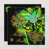 仮面舞踏会パーティー ライムグリーン ブラックマスク 招待状 (正面/裏面)