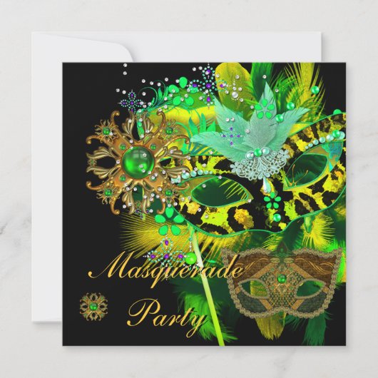 仮面舞踏会パーティー ライムグリーン ブラックマスク 招待状 (正面)