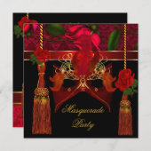 仮面舞踏会 エレガント ブラック レッド ローズ ゴールド パーティー 招待状 (正面/裏面)