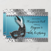 仮面舞踏会 シルバーとブルーのパーティー招待状 招待状 (正面/裏面)