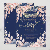 仮面舞踏会,青い花,金の星 RSVP 招待状 (正面/裏面)