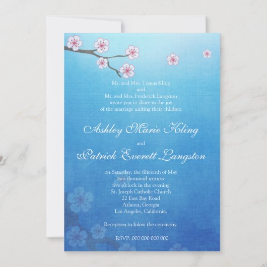 仲の良い恋人同士および桜-青い背景 招待状 (裏面)