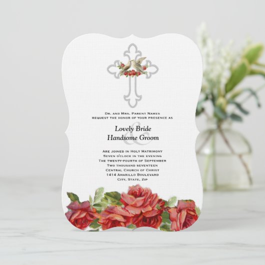 仲の良い恋人同士の赤いバラのキリスト教の結婚式 招待状 (スタンド正面)