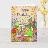 仲の良い恋人同士のbudgieのcockatielのparrotletのハッピーバースデー カード (黄色い花)