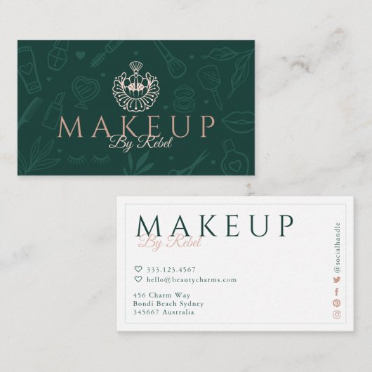 仲直り |美しいチャームグリーン&ピンクメイクアップロゴ 名刺 (正面/裏面)