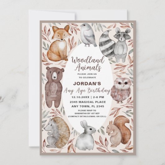 任意お洒落の年齢のウッドランド動物の誕生日パーティー 招待状 (正面)