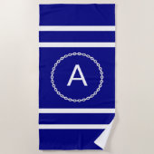 任意のイニシャル文字、青の白い鎖円 ビーチタオル (正面)