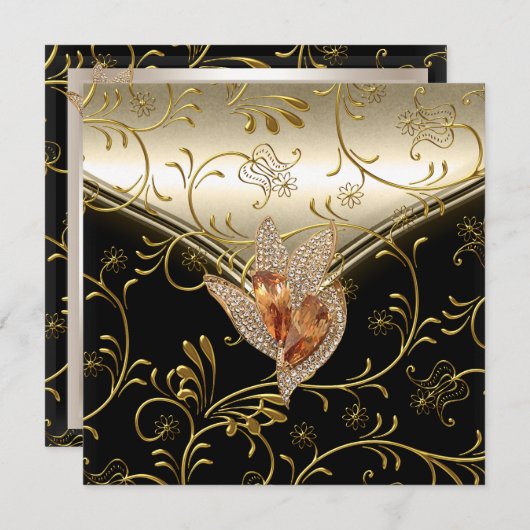 任意のイベントエレガントダマスクカラメルクリームベージュ金ゴールド 招待状 (正面/裏面)