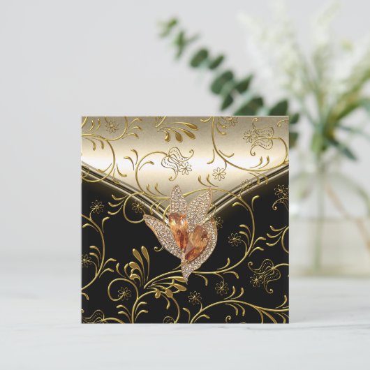 任意のイベントエレガントダマスクカラメルクリームベージュ金ゴールド 招待状