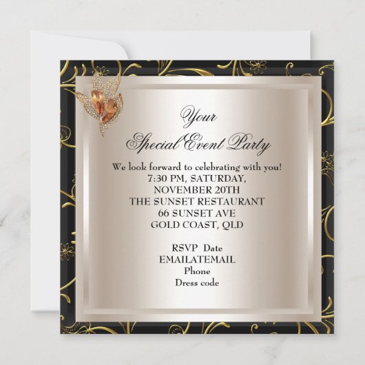 任意のイベントエレガントダマスクカラメルクリームベージュ金ゴールド 招待状 (裏面)