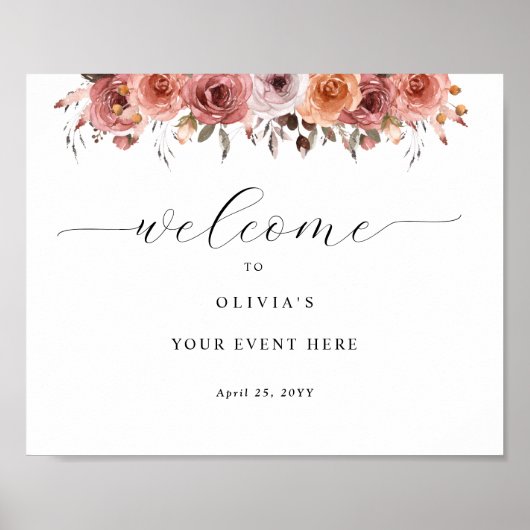 任意のイベントバラ金ゴールド赤面ピンクフローラウェルカムサイン ポスター (正面)