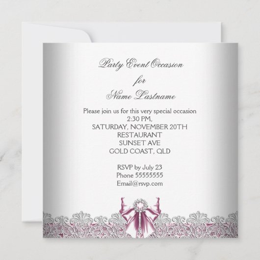 任意のイベントピンクダイヤモンドレースピンクパーティー 招待状 (裏面)