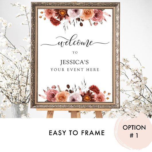 任意のイベント、ブルゴーニュ、および赤面フローラウェルカムサイン ポスター