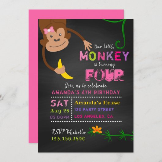 任意のエイジシャルボードリトルモンキーガール誕生日 招待状 (正面/裏面)
