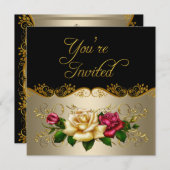 任意のエレガントイベントパーティーコーヒー金ゴールドレッドローズ 招待状 (正面/裏面)