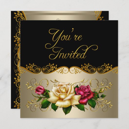 任意のエレガントイベントパーティーコーヒー金ゴールドレッドローズ 招待状 (正面/裏面)