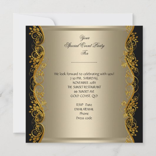 任意のエレガントイベントパーティーコーヒー金ゴールドレッドローズ 招待状 (裏面)