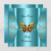 任意のエレガントイベントパーティーティール(緑がかった色)ブルー蝶金ゴールド 招待状 (正面/裏面)