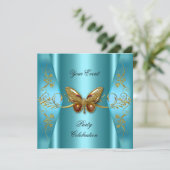 任意のエレガントイベントパーティーティール(緑がかった色)ブルー蝶金ゴールド 招待状 (スタンド正面)