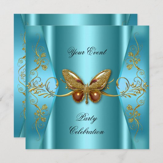 任意のエレガントイベントパーティーティール（緑がかった色）ブルー蝶金ゴールド 招待状 (正面/裏面)