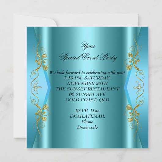任意のエレガントイベントパーティーティール（緑がかった色）ブルー蝶金ゴールド 招待状 (裏面)