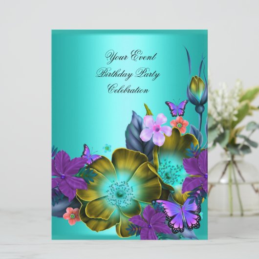 任意のエレガントイベントパーティーティール（緑がかった色）紫色の金ゴールド花 招待状 (スタンド正面)