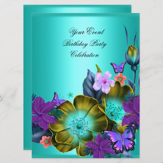 任意のエレガントイベントパーティーティール（緑がかった色）紫色の金ゴールド花 招待状 (正面/裏面)