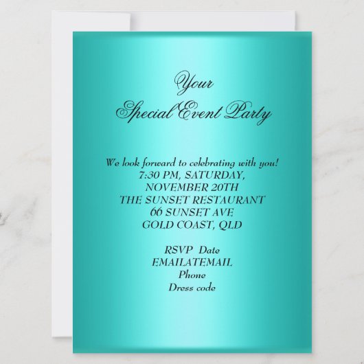 任意のエレガントイベントパーティーティール（緑がかった色）紫色の金ゴールド花 招待状 (裏面)