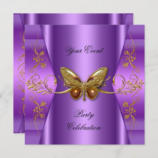 任意のエレガントイベントパーティー紫金ゴールド蝶 招待状 (正面/裏面)