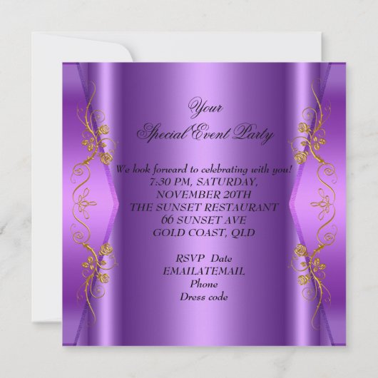 任意のエレガントイベントパーティー紫金ゴールド蝶 招待状 (裏面)