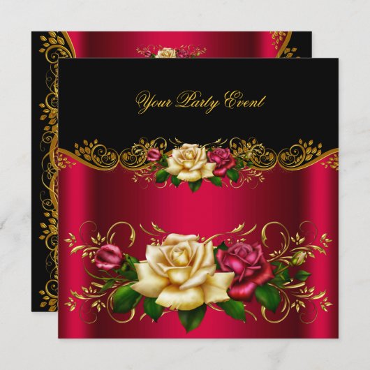 任意のエレガントイベントパーティー金ゴールドピンキーレッドクリームバラ 招待状 (正面/裏面)