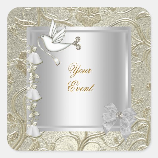 任意のエレガントイベント金ゴールドシルバーホワイトドーブダマスク スクエアシール (正面)