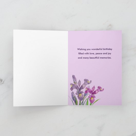 任意のカスタマイズ名前オン誕生日パープルアイリス カード (内部)