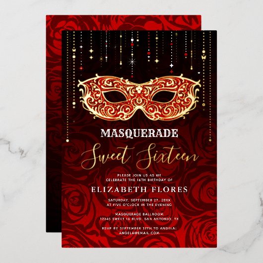 任意のカラーテーマスイート16マスカレード誕生日 箔招待状 (正面/裏面)