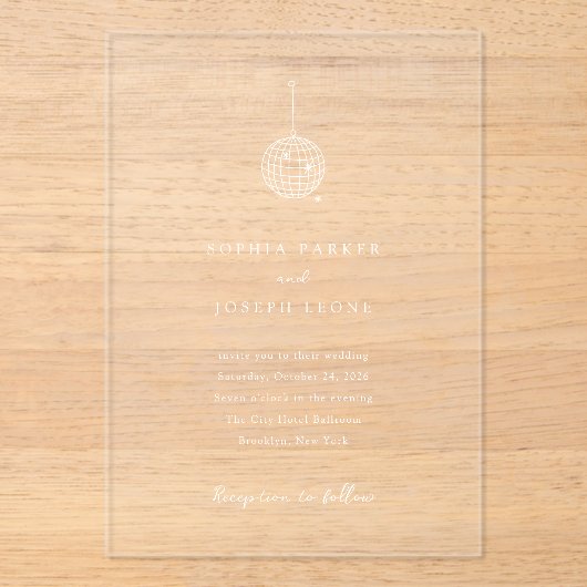 任意のカラーミニマリストディスコボール | ウェディング アクリル招待状 (正面)