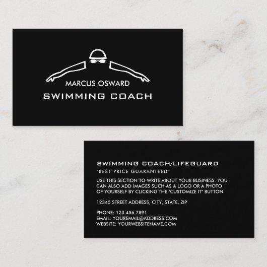 任意のカラー泳ぐ人アイコン、スイミングコーチとライフガード 名刺 (正面/裏面)