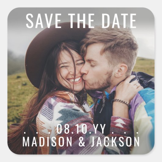任意のシンプル文字モダン写真の結婚式の日付を保存 スクエアシール (正面)