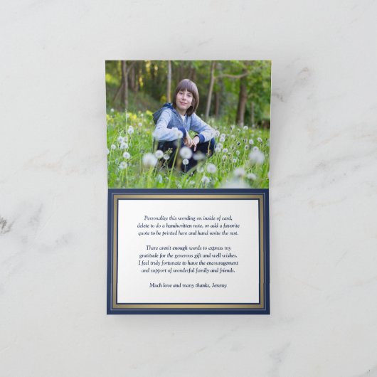 任意のテキスト1枚の写真野球テーマパーティー ネイビー＆ゴールド サンキューカード (内部)